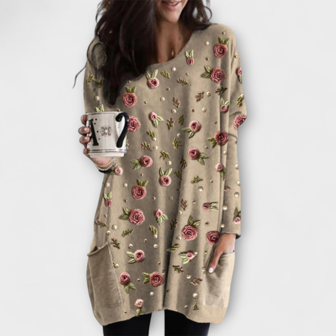 Layla - Tunika Beige mit Rosenmuster