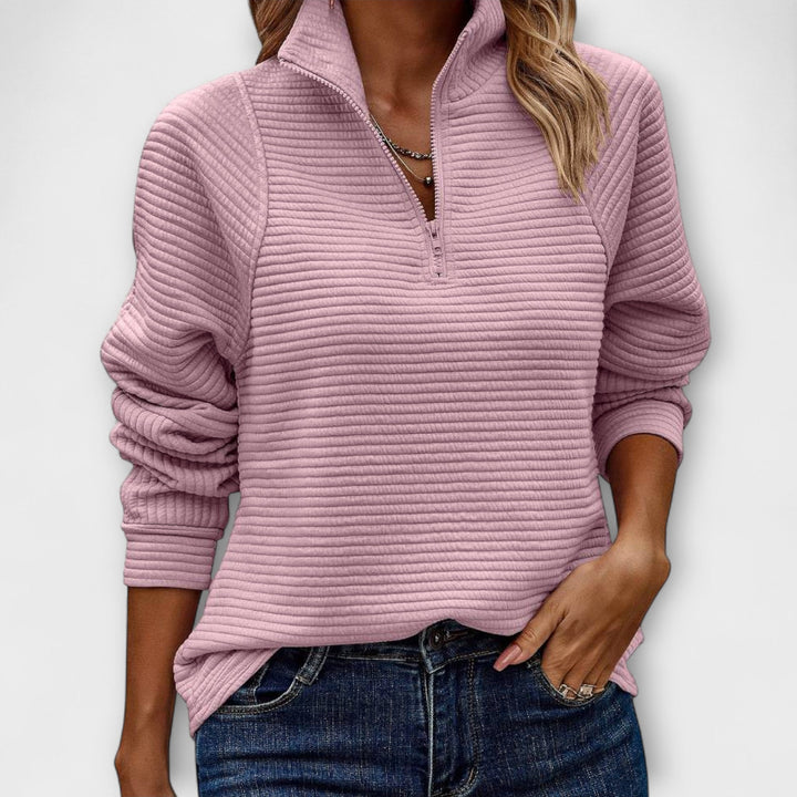Vilja - Pullover mit halbem Reißverschluss in Rosa mit Rippmuster