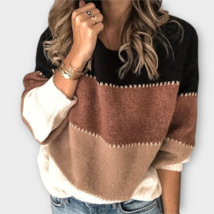 Elisa - Kuschelpullover in Oliv-Crème mit Blockfarben