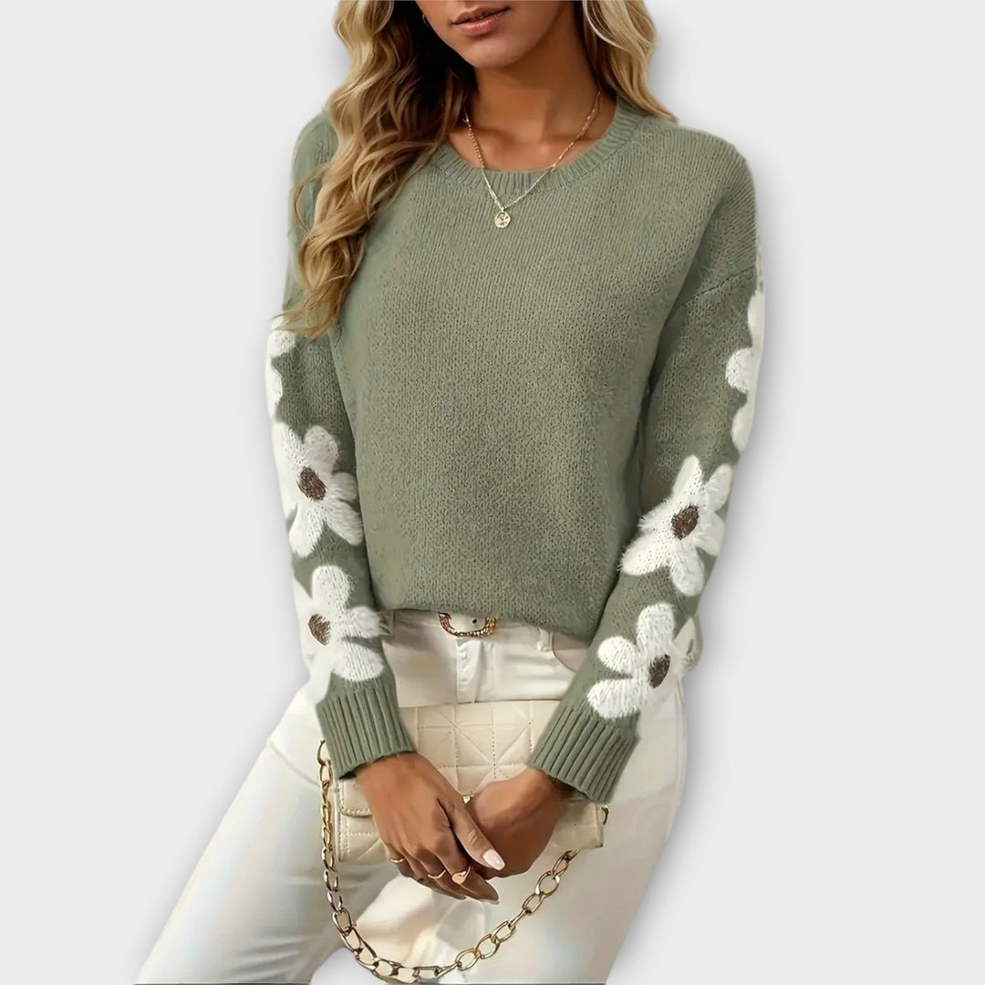 Silke - Weicher olivgrüner Pullover mit floralem Design