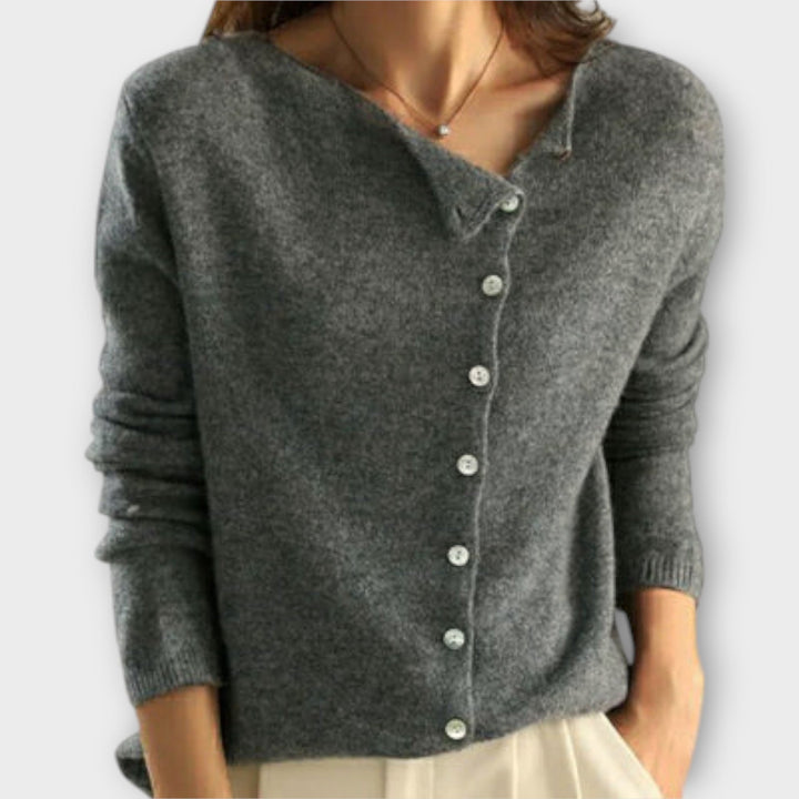 Paige - Bequemer grauer Cardigan mit asymmetrischer Knopfleiste