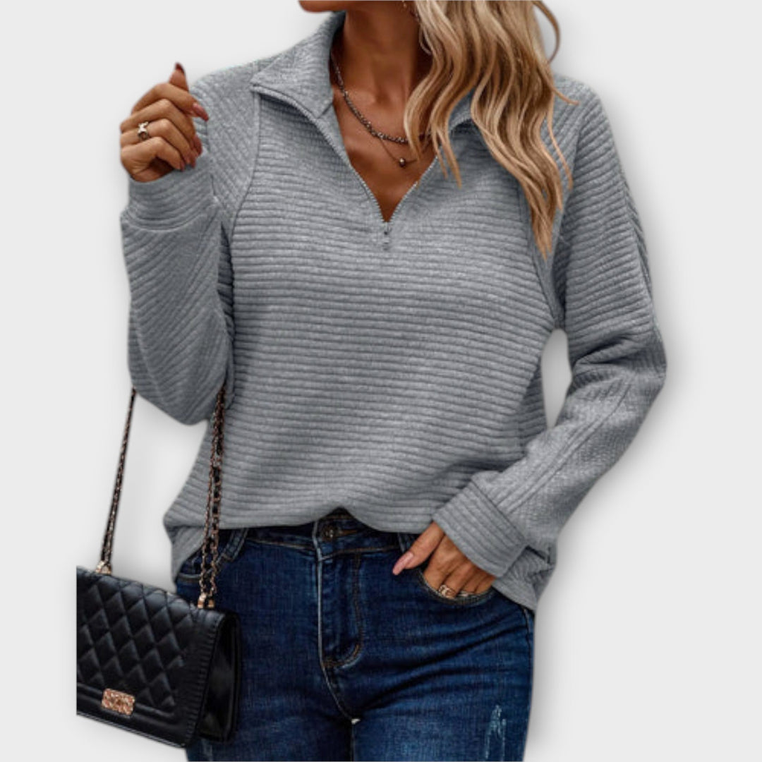 Vilja - Pullover mit halbem Reißverschluss in Rosa mit Rippmuster