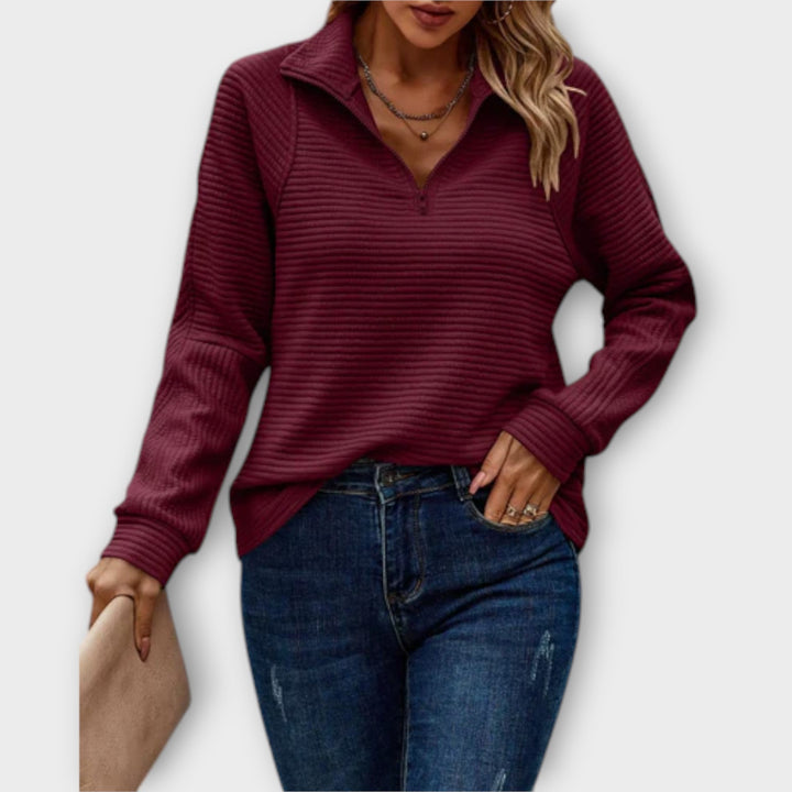 Vilja - Pullover mit halbem Reißverschluss in Rosa mit Rippmuster