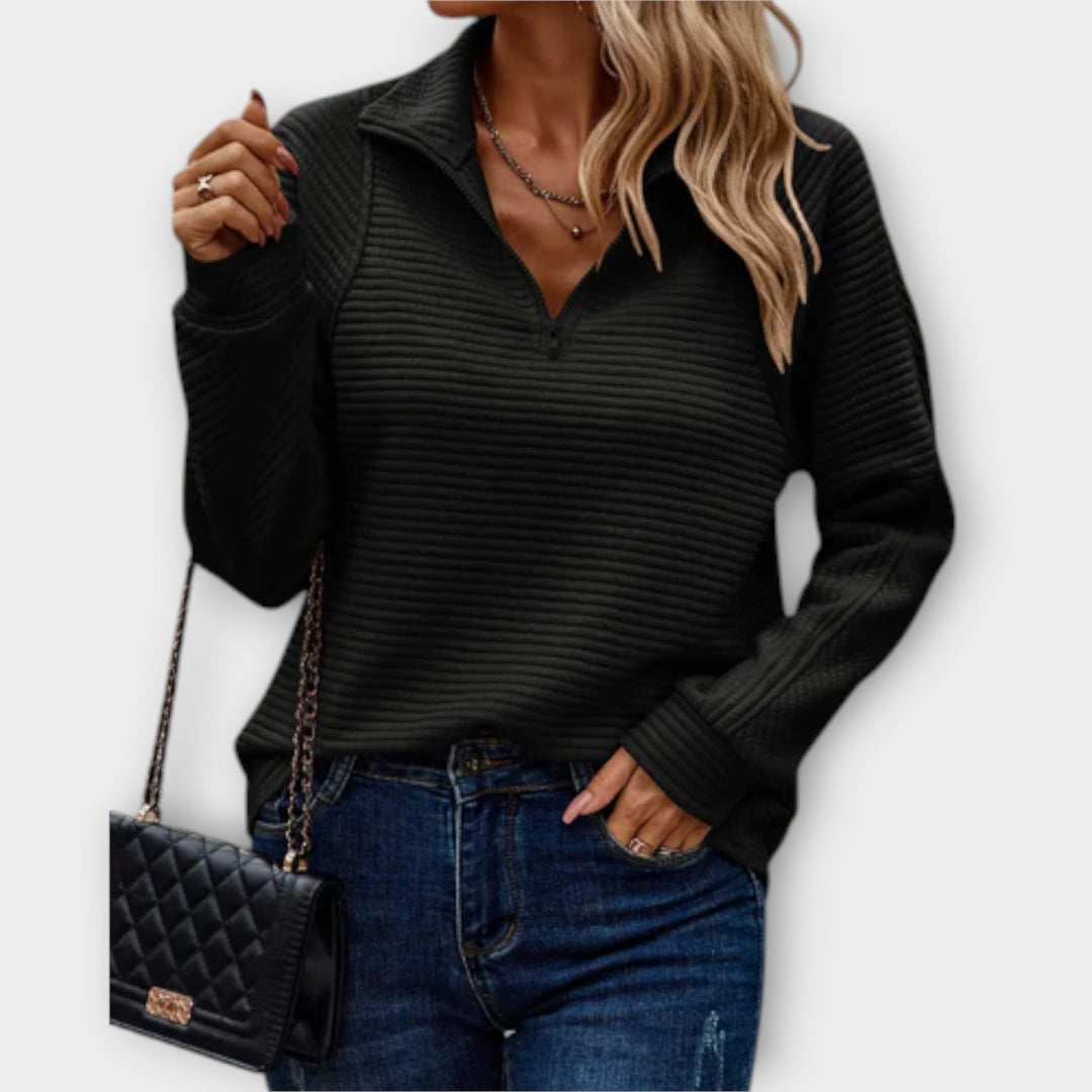 Vilja - Pullover mit halbem Reißverschluss in Rosa mit Rippmuster