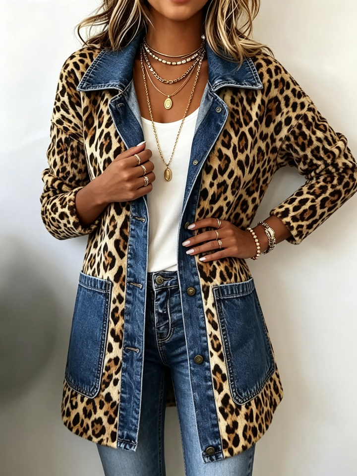 Selma | Lange Kontrastjacke mit Leopardenmuster und Denim-Akzenten