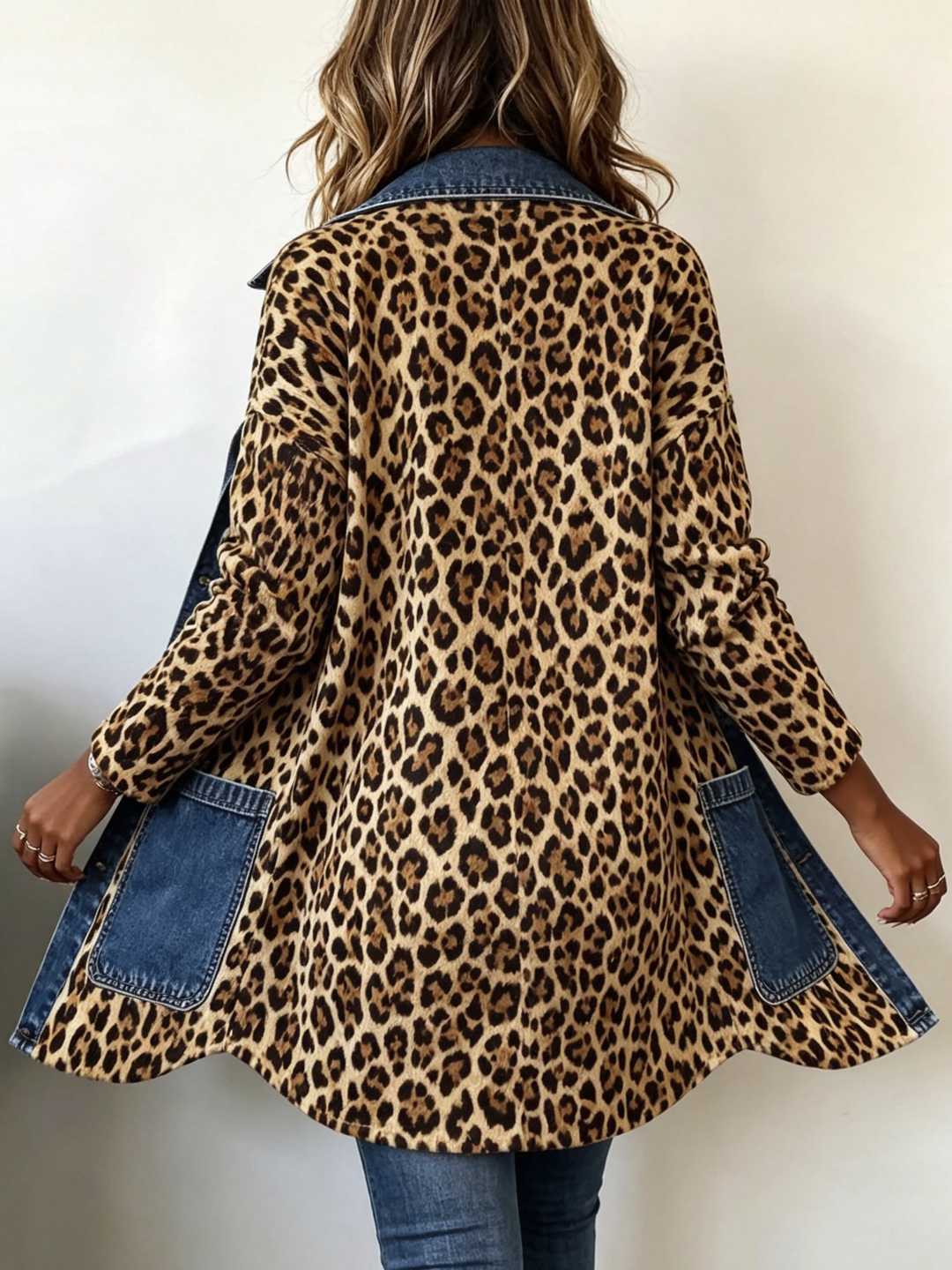 Selma | Lange Kontrastjacke mit Leopardenmuster und Denim-Akzenten