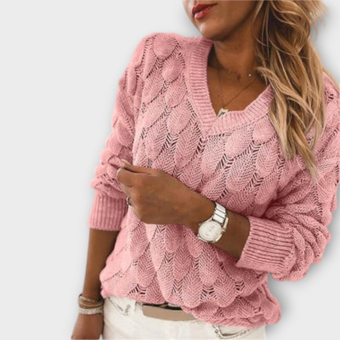 Noemier - Grauer Pullover mit V-Ausschnitt und Lochmuster